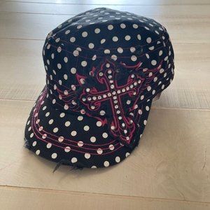 NYLA District Black Adjustable Polka Dot Army Hat with Rhinestone Cross-One Size